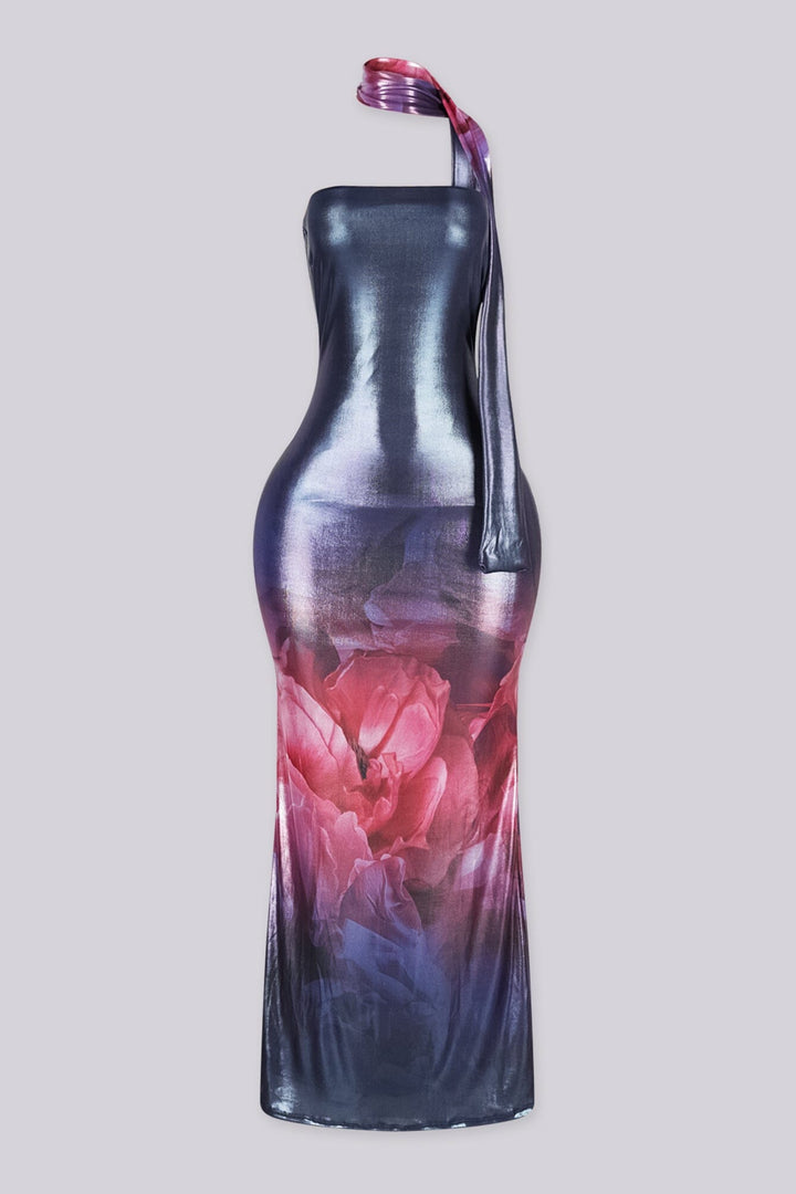 Strapless maxi dress with integrated high neck scarf featuring slinky metallic sheen bodice