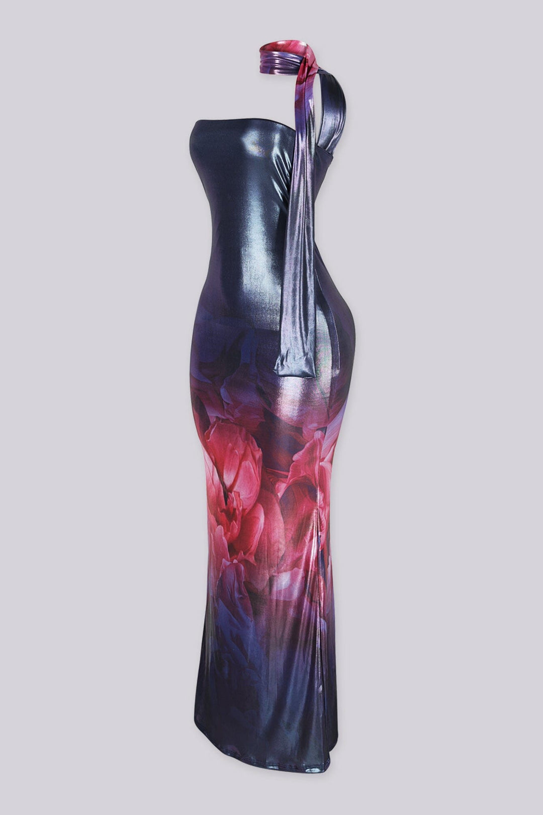Strapless maxi dress with integrated high neck scarf featuring slinky metallic sheen bodice