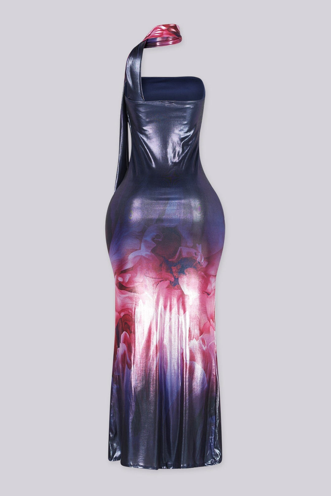 Strapless maxi dress with integrated high neck scarf featuring slinky metallic sheen bodice