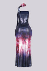 Strapless maxi dress with integrated high neck scarf featuring slinky metallic sheen bodice
