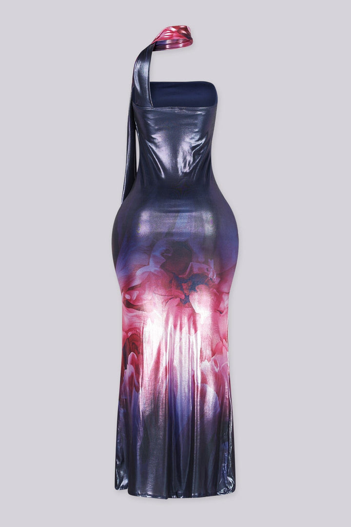Strapless maxi dress with integrated high neck scarf featuring slinky metallic sheen bodice