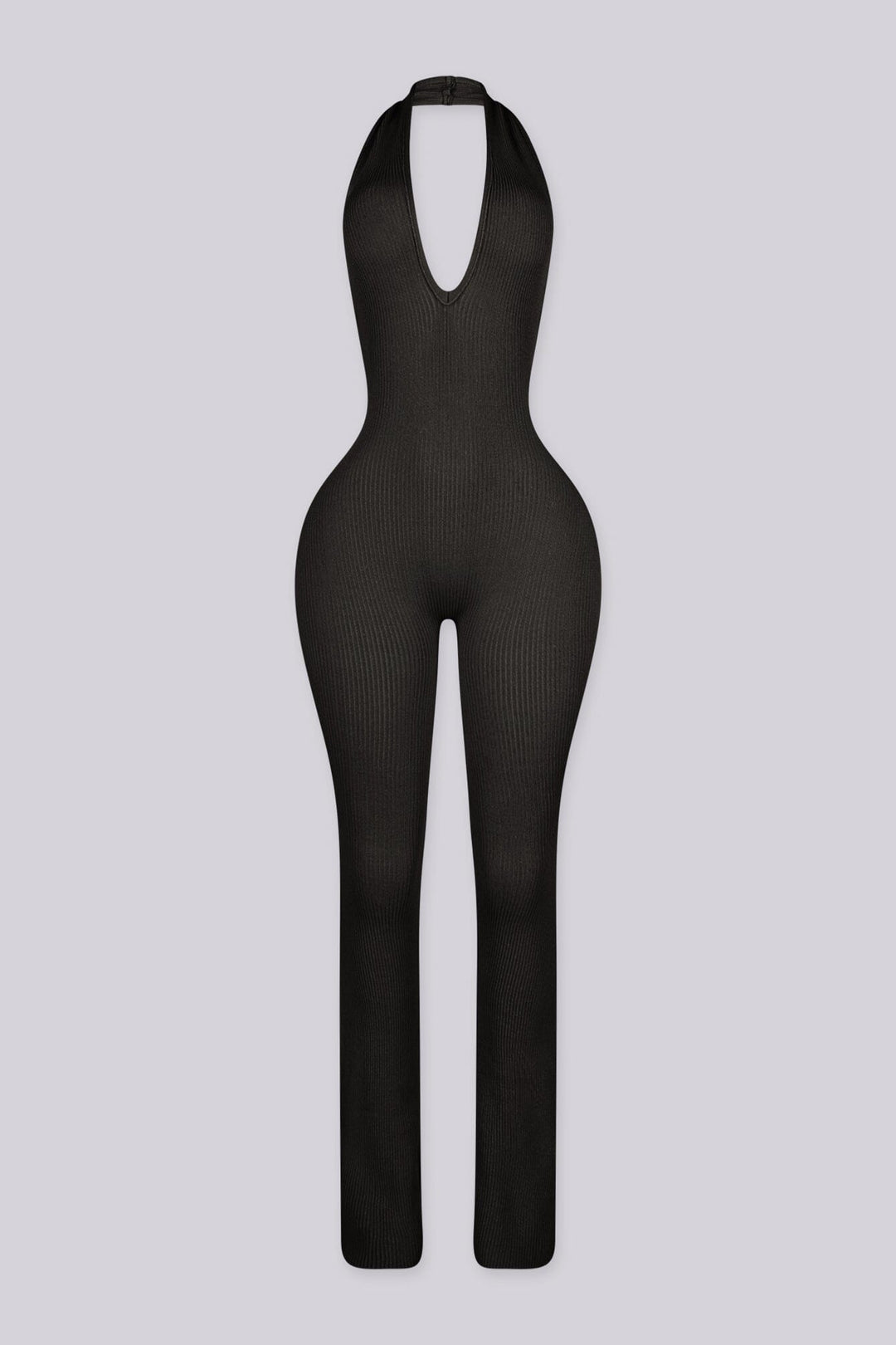 Flared leg halter neck jumpsuit with deep plunging v neckline