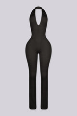 Flared leg halter neck jumpsuit with deep plunging v neckline