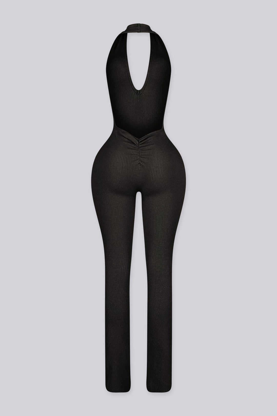 Flared leg halter neck jumpsuit with deep plunging v neckline