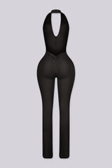 Flared leg halter neck jumpsuit with deep plunging v neckline