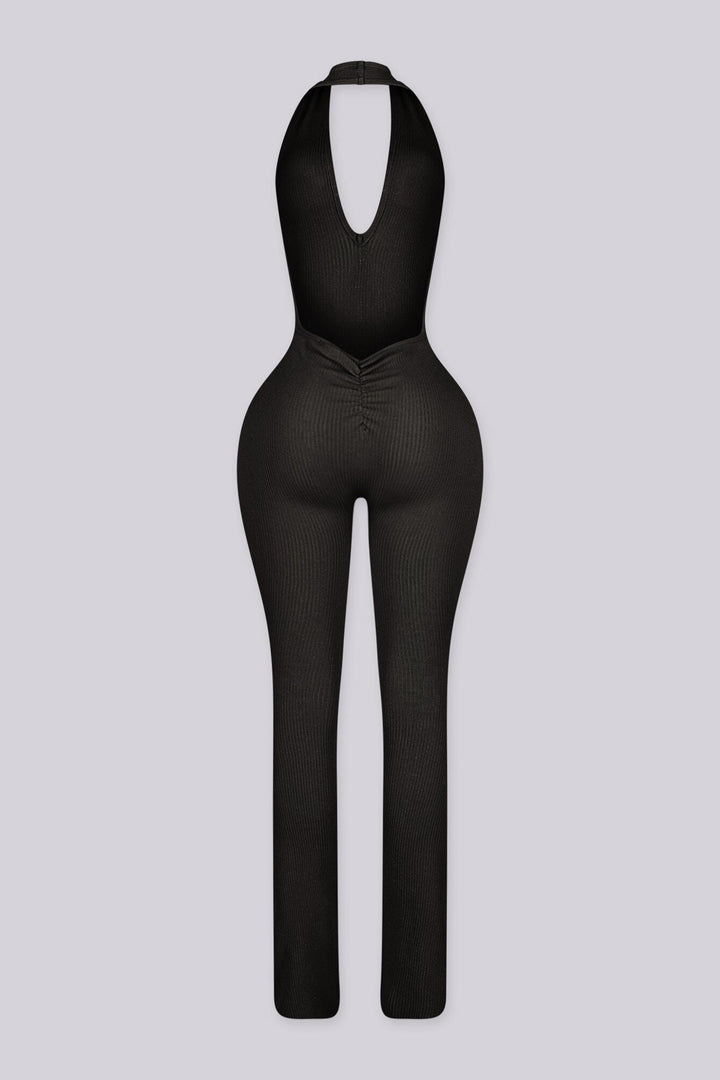Flared leg halter neck jumpsuit with deep plunging v neckline