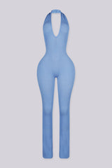 Flared leg halter neck jumpsuit with deep plunging v neckline