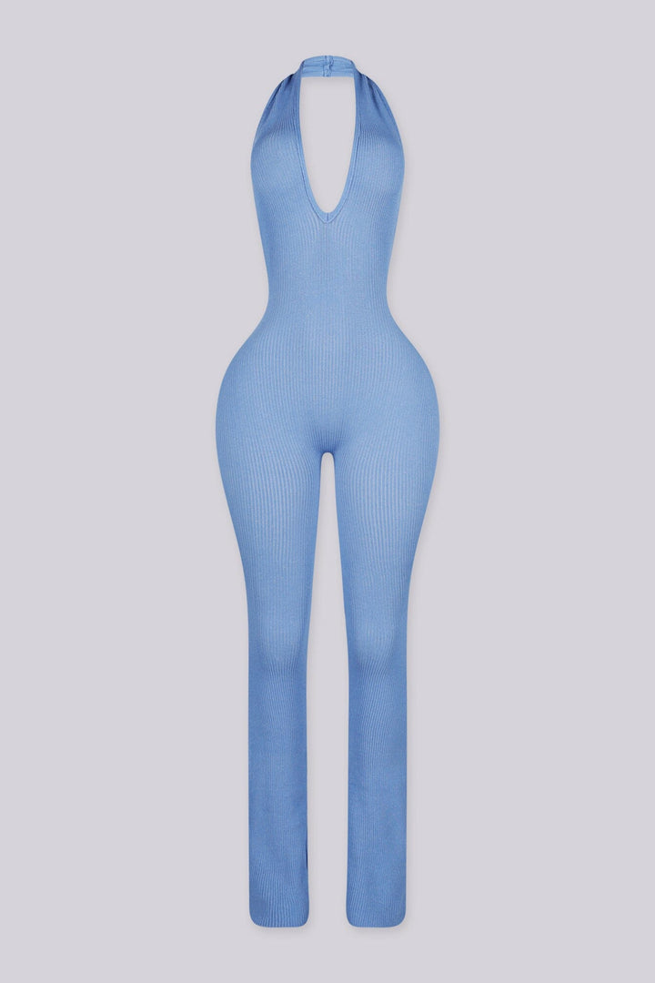 Flared leg halter neck jumpsuit with deep plunging v neckline