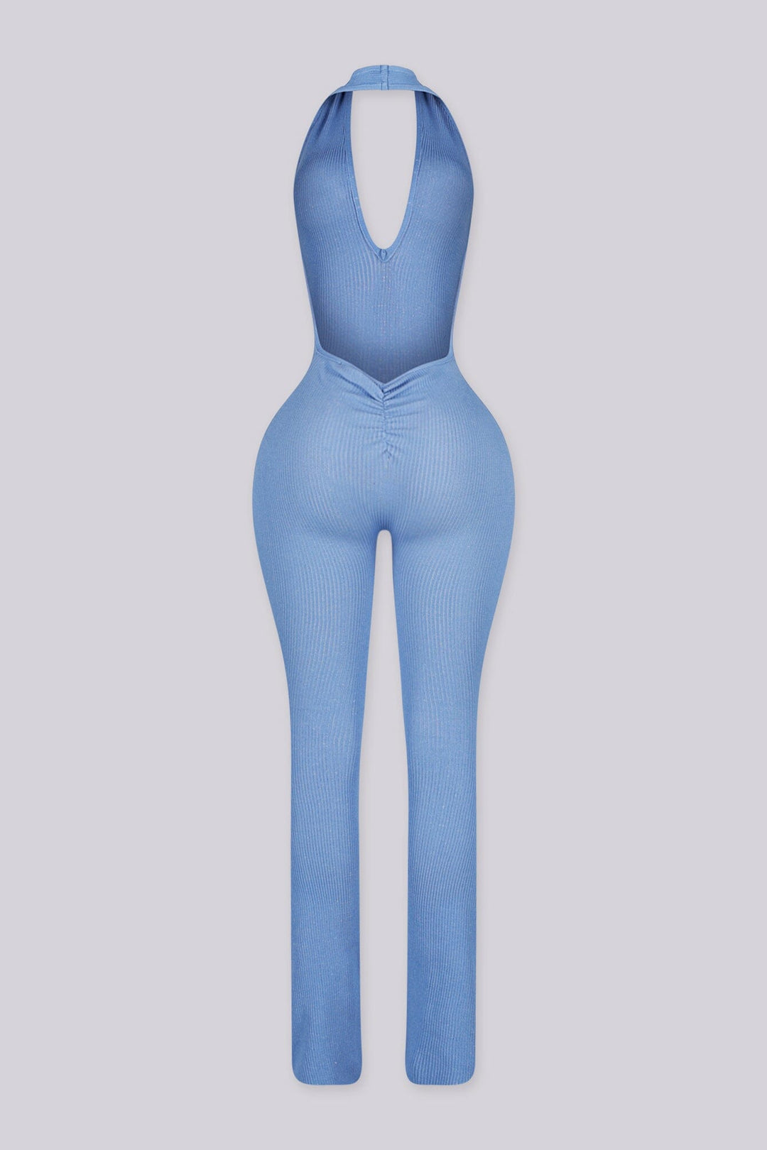 Flared leg halter neck jumpsuit with deep plunging v neckline