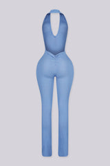 Flared leg halter neck jumpsuit with deep plunging v neckline