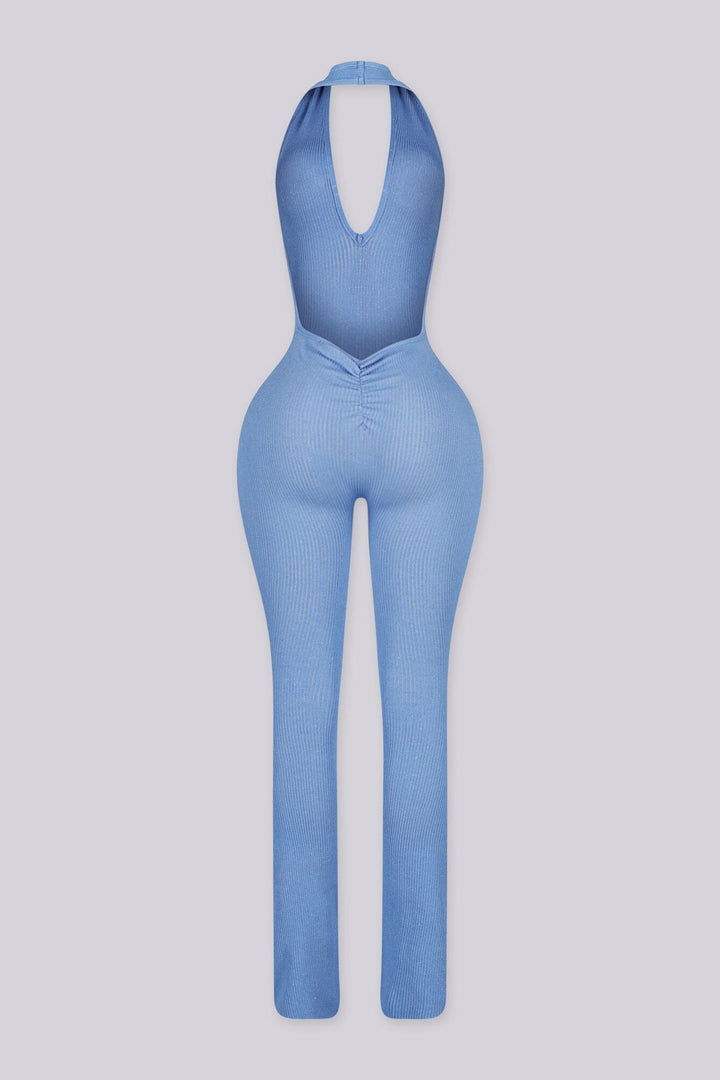 Flared leg halter neck jumpsuit with deep plunging v neckline