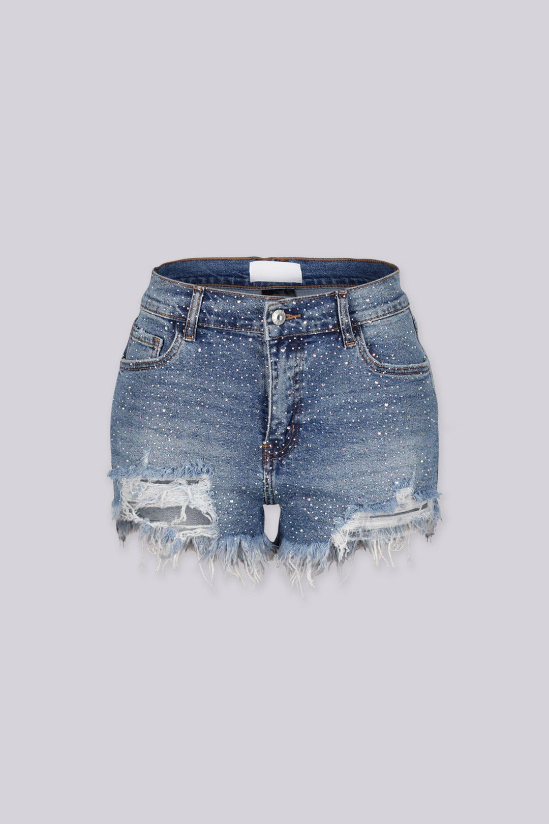 High-rise micro rhinestone denim shorts with distressed frayed hem