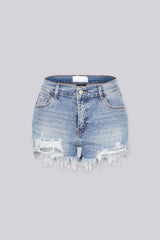 High-rise micro rhinestone denim shorts with distressed frayed hem