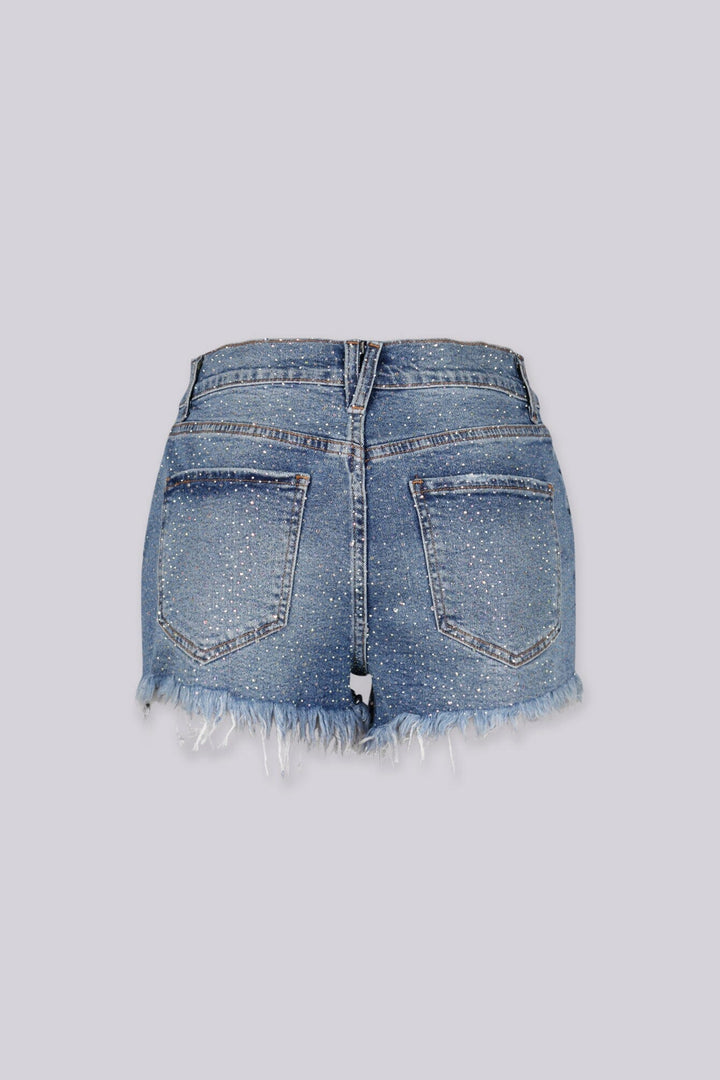 High-rise micro rhinestone denim shorts with distressed frayed hem