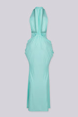 Deep plunging V front halter neck dress featuring bold side cut out at the midriff with U ring hardware detail at center front, Fitted through the hip with draped ruching that pools into the skirt