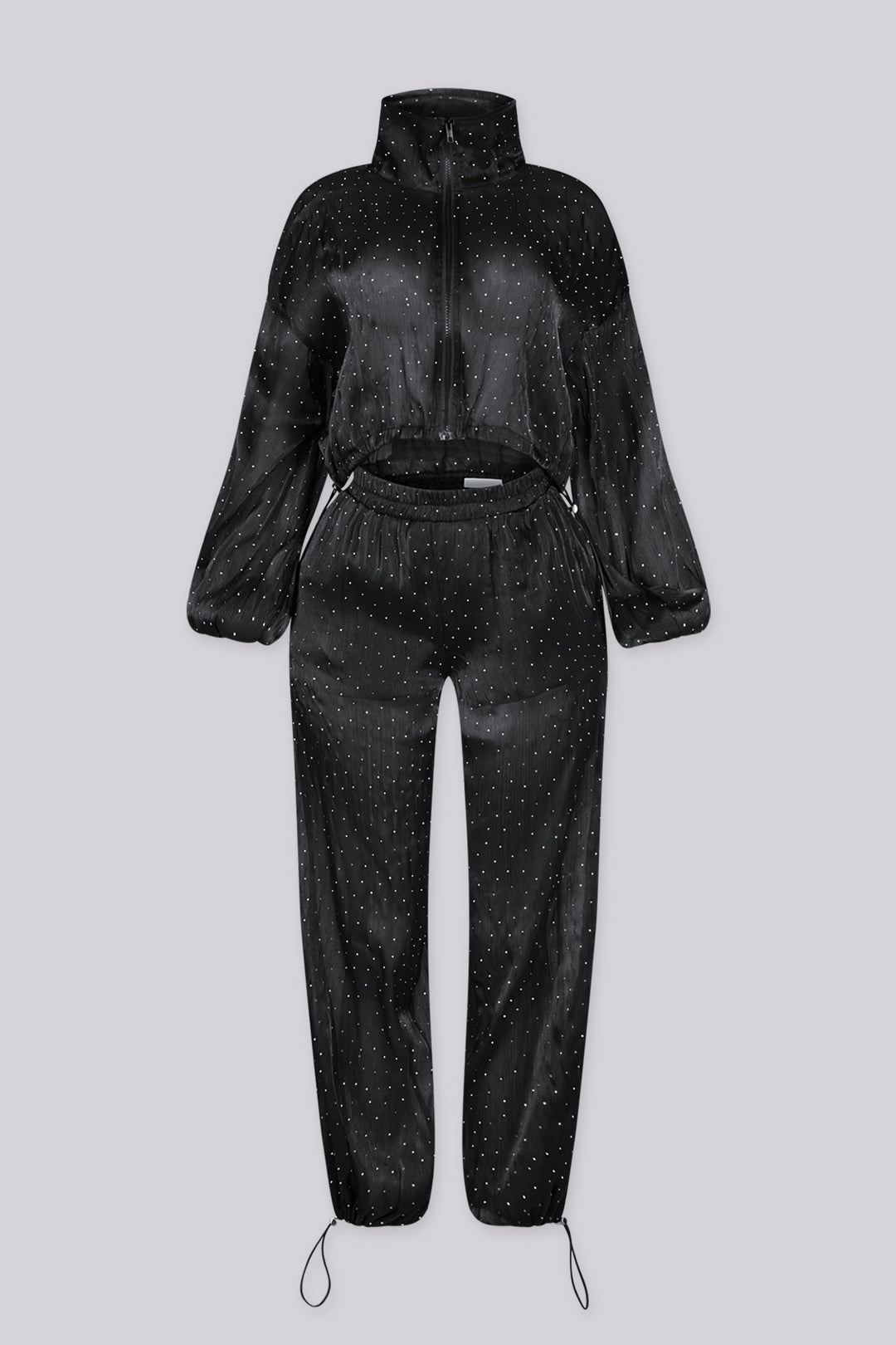 Cropped jacket with high collar, zip up closure and long balloon sleeves