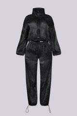 Cropped jacket with high collar, zip up closure and long balloon sleeves