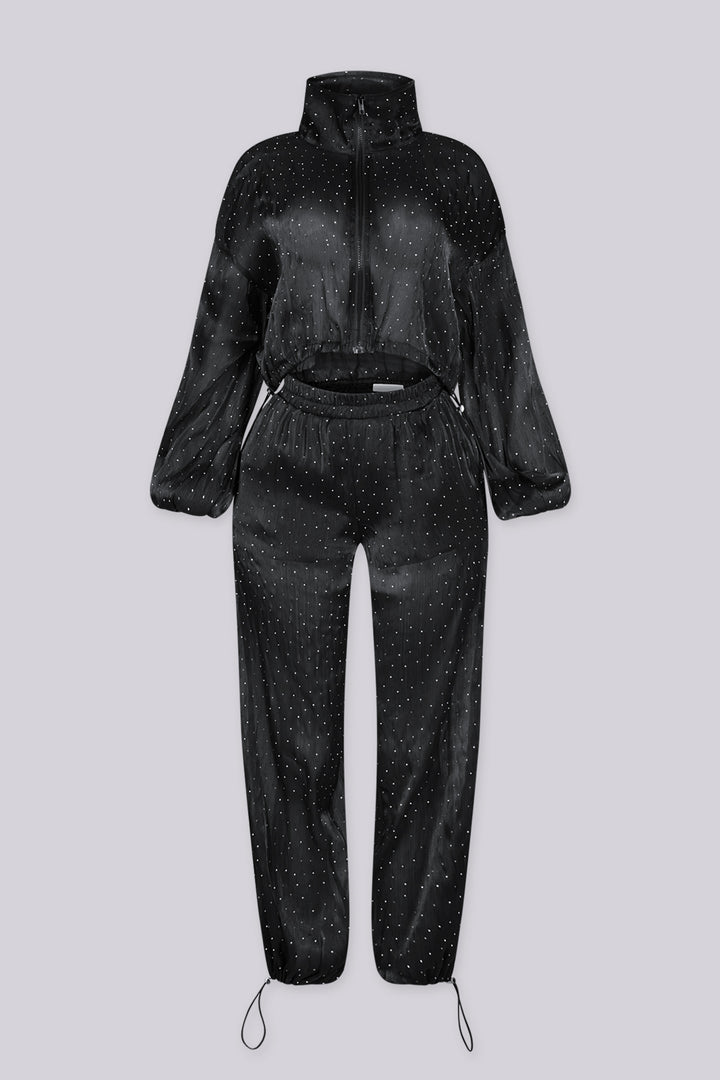 Cropped jacket with high collar, zip up closure and long balloon sleeves
