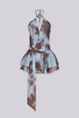 Deep V wrap ruffle halter dress with twisted knot detail, Silver ring hardware detail at neckline