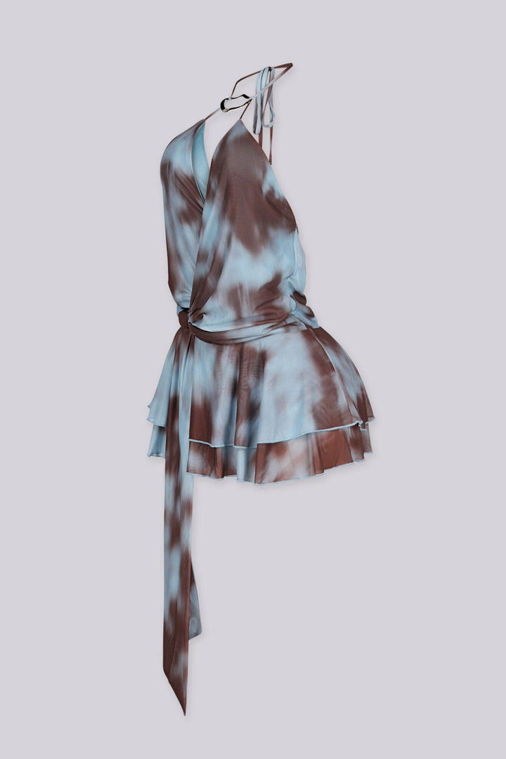 Deep V wrap ruffle halter dress with twisted knot detail, Silver ring hardware detail at neckline