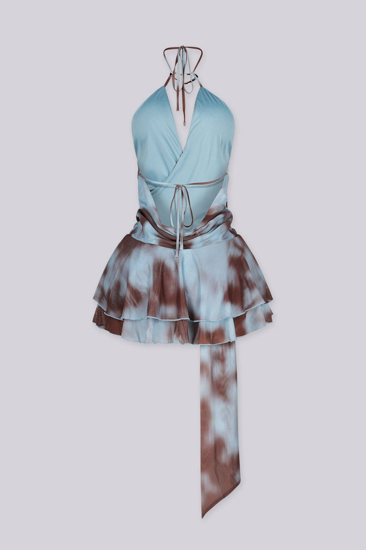 Deep V wrap ruffle halter dress with twisted knot detail, Silver ring hardware detail at neckline