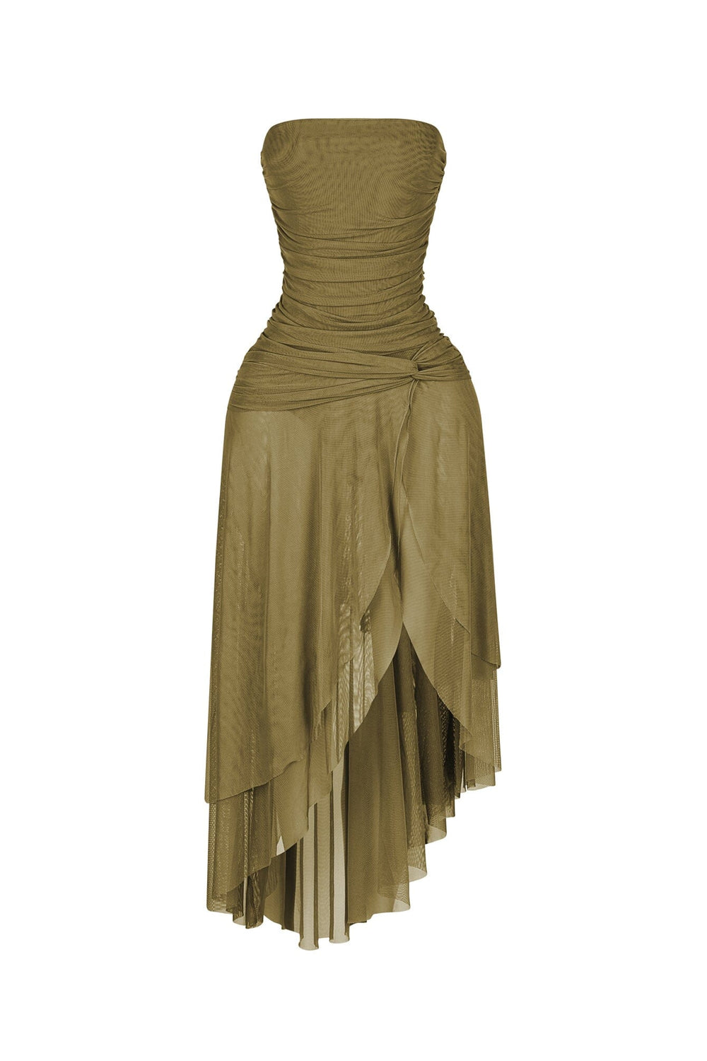 Strapless mesh tube midi dress featuring ruched gathering throughout the torso
Asymmetrical flowy skirt with layered cascading handkerchief hemline featuring high thigh slit