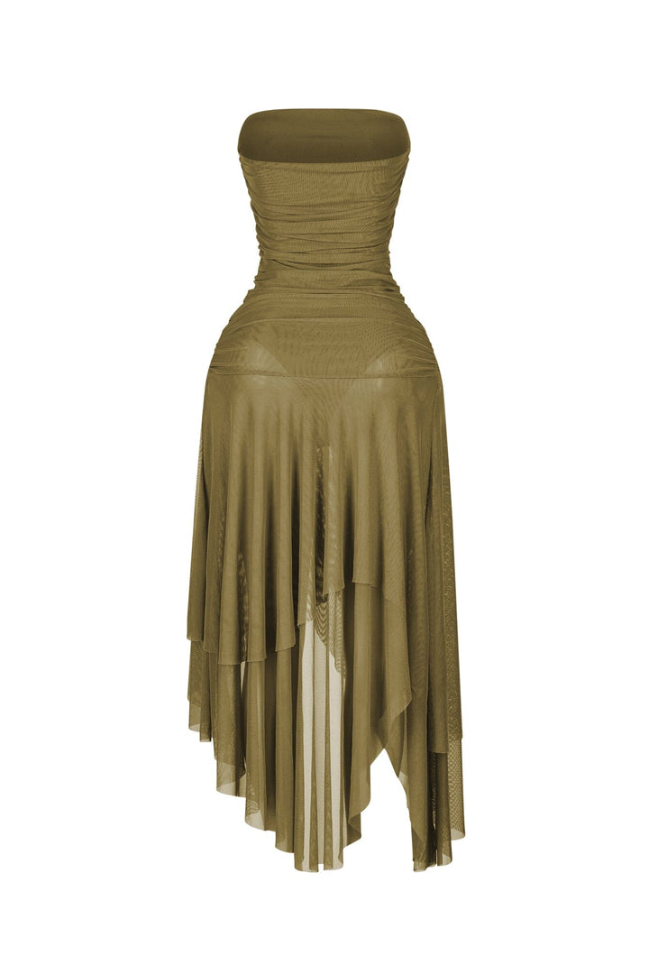 Strapless mesh tube midi dress featuring ruched gathering throughout the torso
Asymmetrical flowy skirt with layered cascading handkerchief hemline featuring high thigh slit