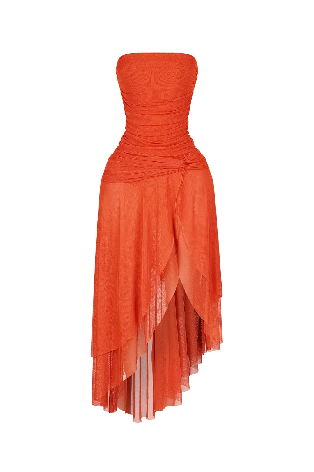 Strapless mesh tube midi dress featuring ruched gathering throughout the torso
Asymmetrical flowy skirt with layered cascading handkerchief hemline featuring high thigh slit