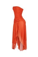 Strapless mesh tube midi dress featuring ruched gathering throughout the torso
Asymmetrical flowy skirt with layered cascading handkerchief hemline featuring high thigh slit