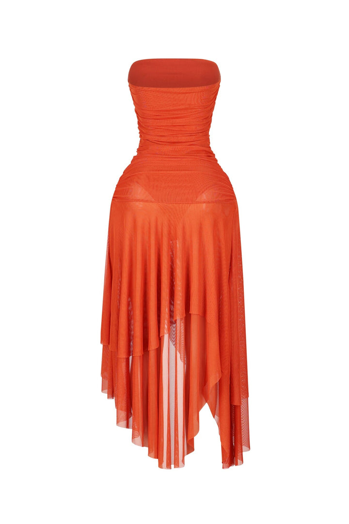 Strapless mesh tube midi dress featuring ruched gathering throughout the torso
Asymmetrical flowy skirt with layered cascading handkerchief hemline featuring high thigh slit