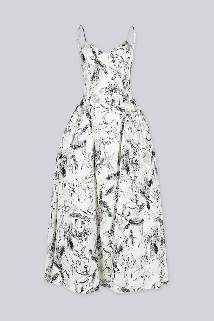 Floral print midi dress with plunging V neckline and thin straps featuring smocked back for stretch fit