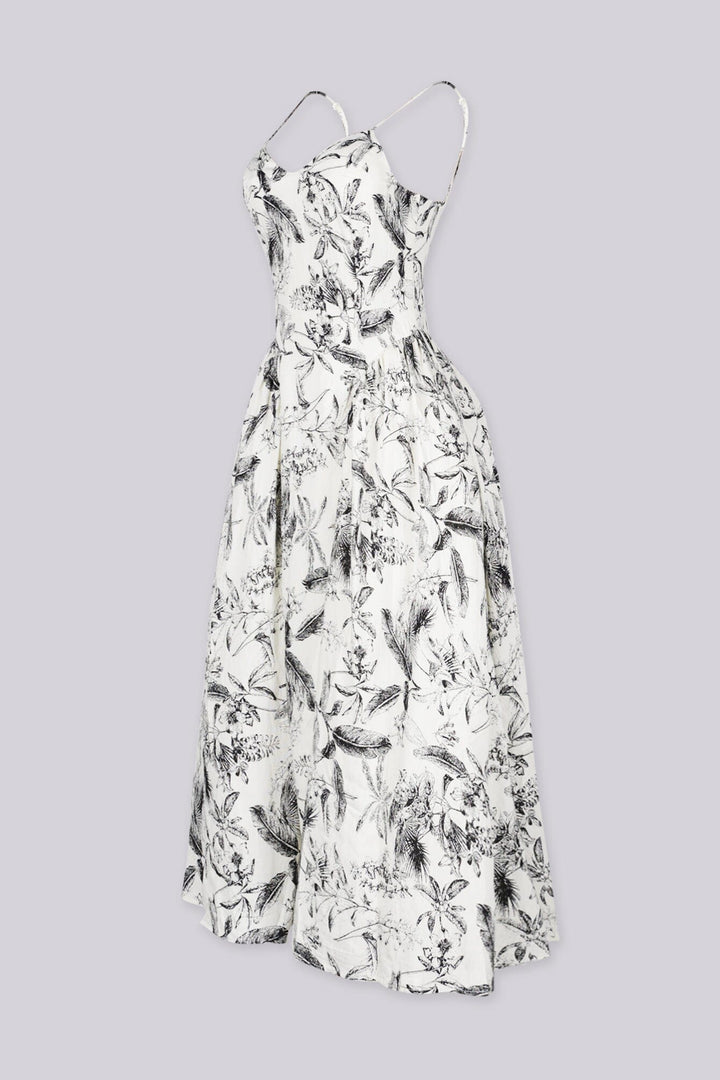 Floral print midi dress with plunging V neckline and thin straps featuring smocked back for stretch fit