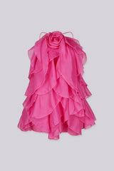 Sheer mesh halter mini dress with cascading and asymmetrical layers of floral ruffle detailing