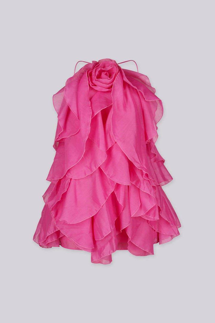 Sheer mesh halter mini dress with cascading and asymmetrical layers of floral ruffle detailing