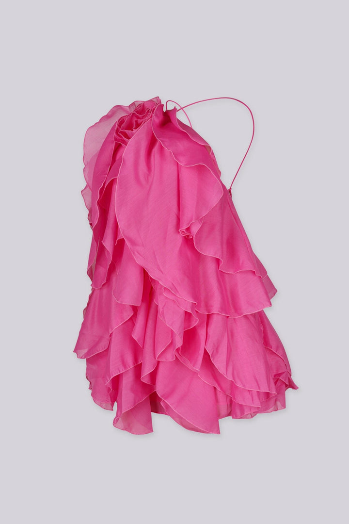 Sheer mesh halter mini dress with cascading and asymmetrical layers of floral ruffle detailing
