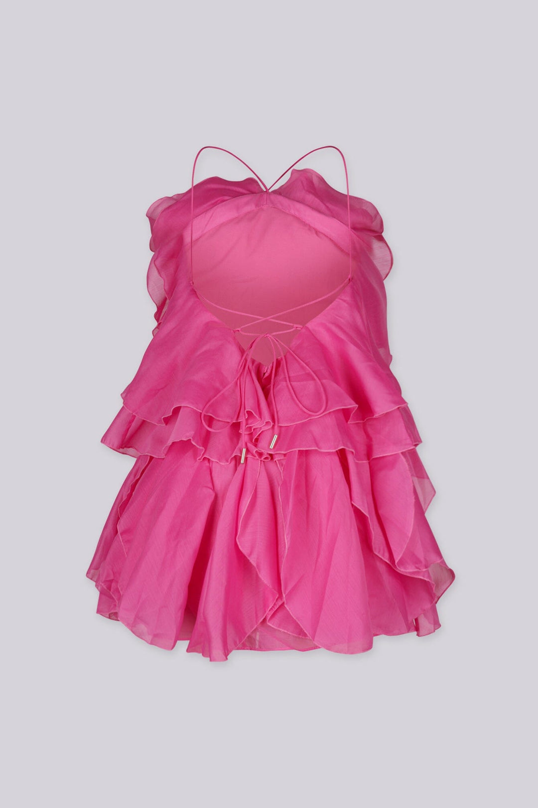Sheer mesh halter mini dress with cascading and asymmetrical layers of floral ruffle detailing