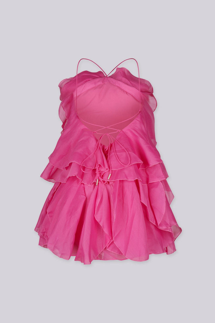 Sheer mesh halter mini dress with cascading and asymmetrical layers of floral ruffle detailing