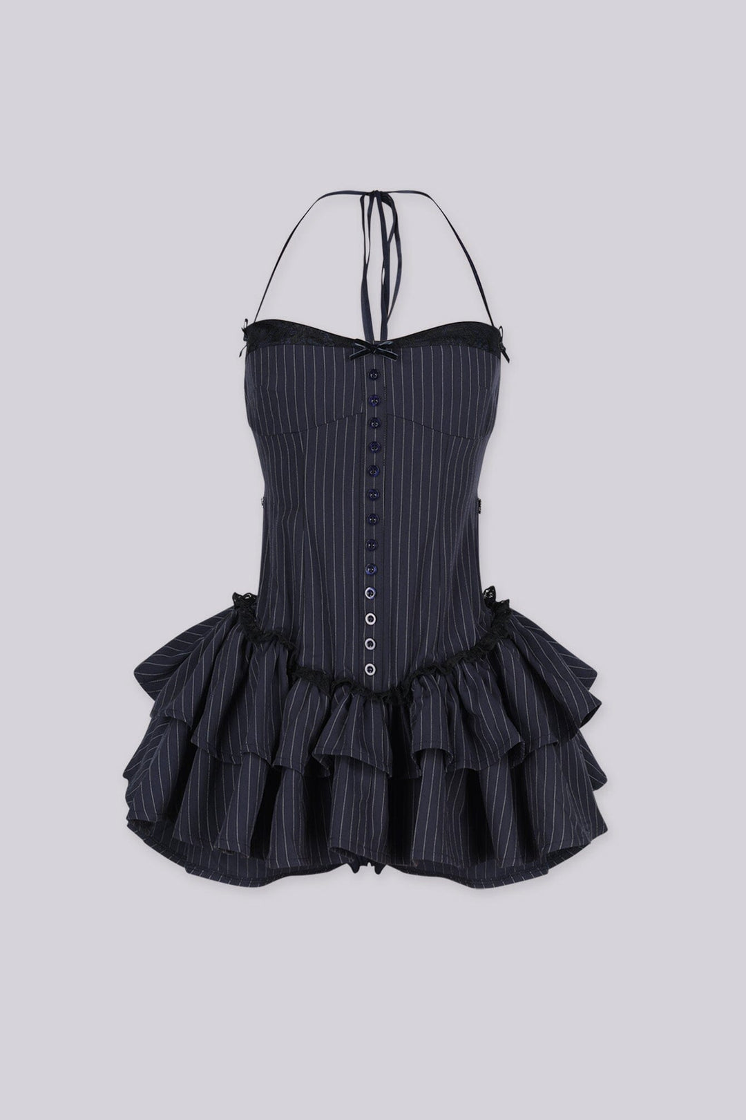 Pinstripe corset halter mini dress with black lace trim, button down details, back smocking detail