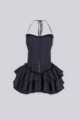 Pinstripe corset halter mini dress with black lace trim, button down details, back smocking detail