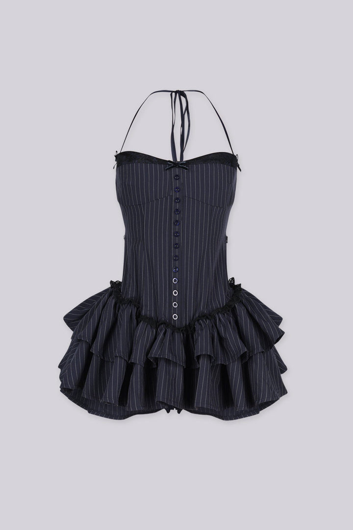 Pinstripe corset halter mini dress with black lace trim, button down details, back smocking detail