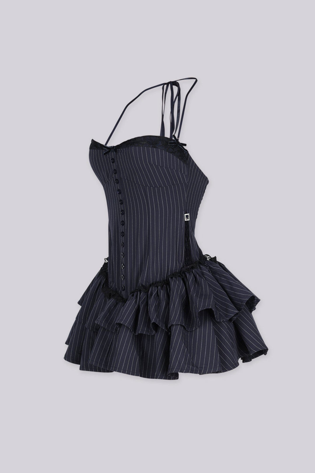 Pinstripe corset halter mini dress with black lace trim, button down details, back smocking detail