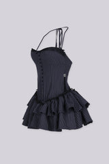 Pinstripe corset halter mini dress with black lace trim, button down details, back smocking detail
