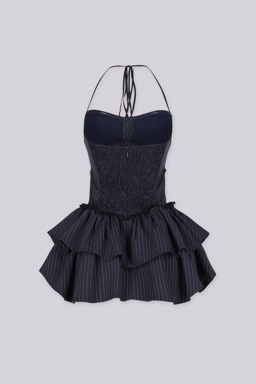 Pinstripe corset halter mini dress with black lace trim, button down details, back smocking detail
