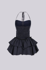 Pinstripe corset halter mini dress with black lace trim, button down details, back smocking detail