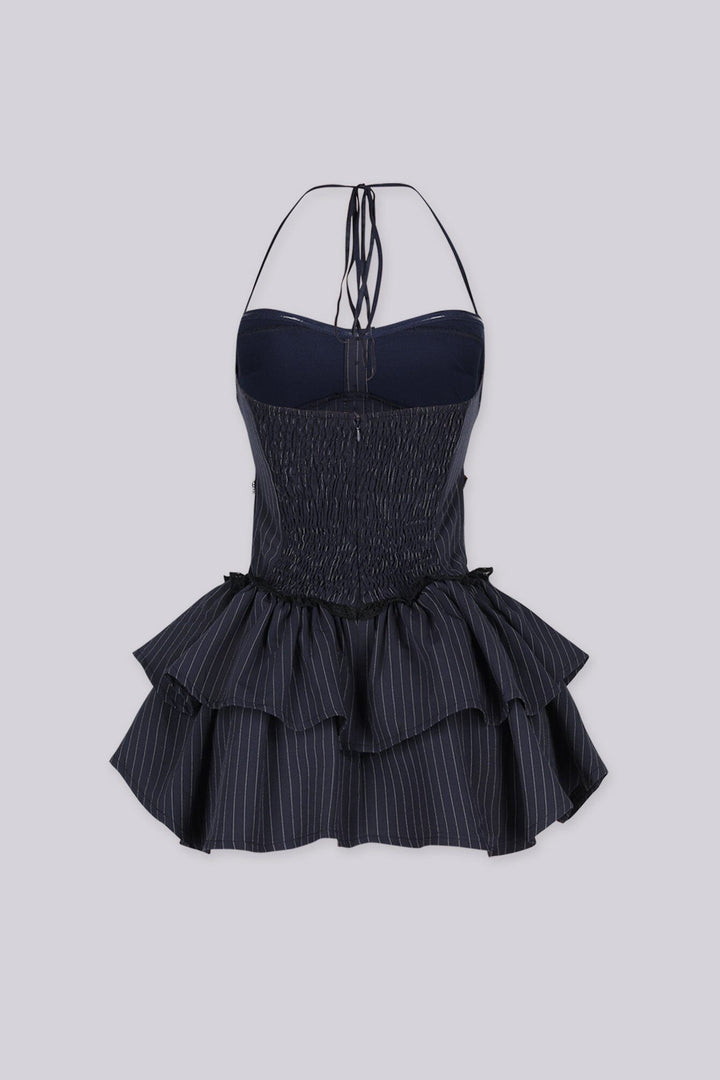 Pinstripe corset halter mini dress with black lace trim, button down details, back smocking detail