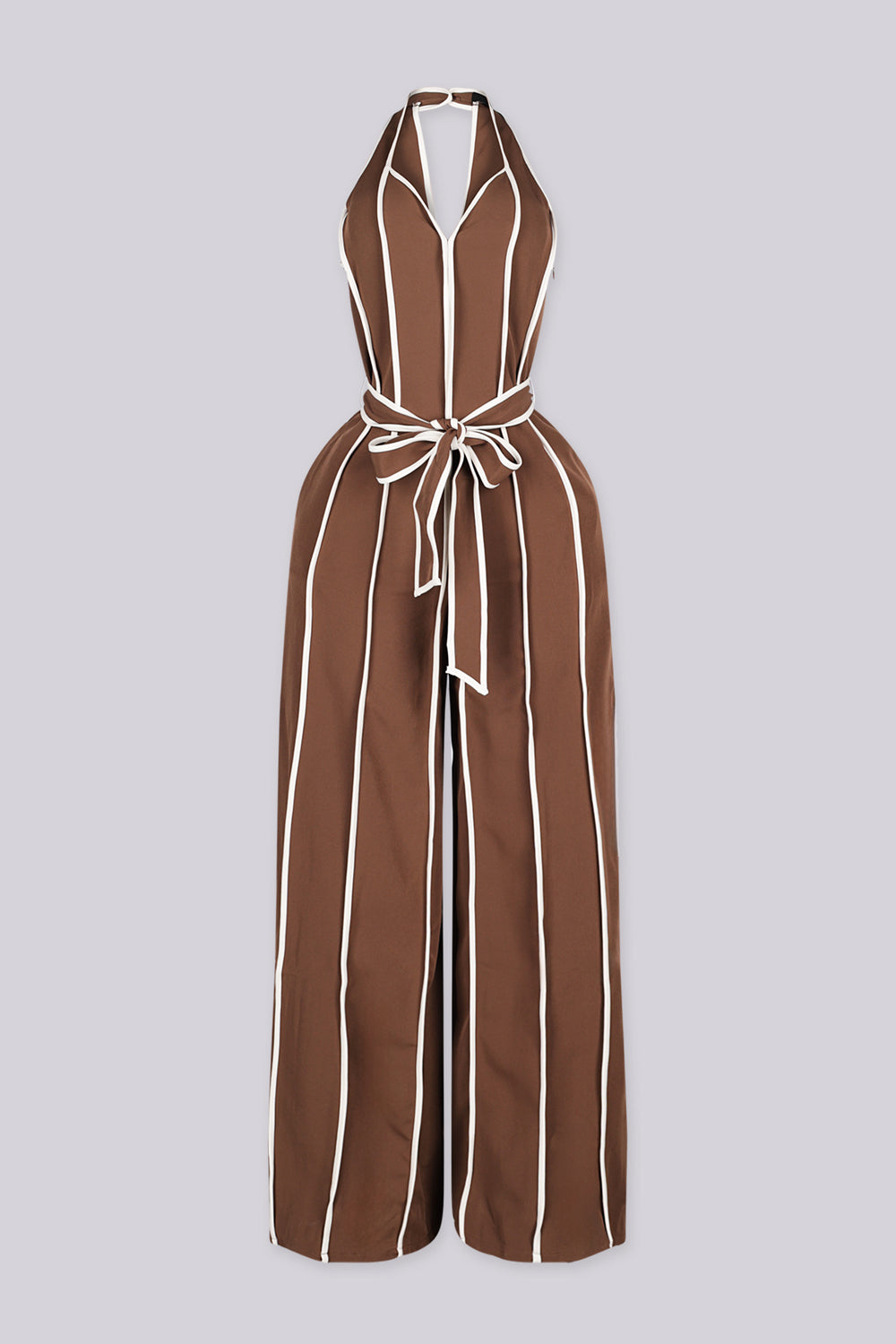 Wide leg halter jumpsuit with a plunging V neckline featuring waist tie