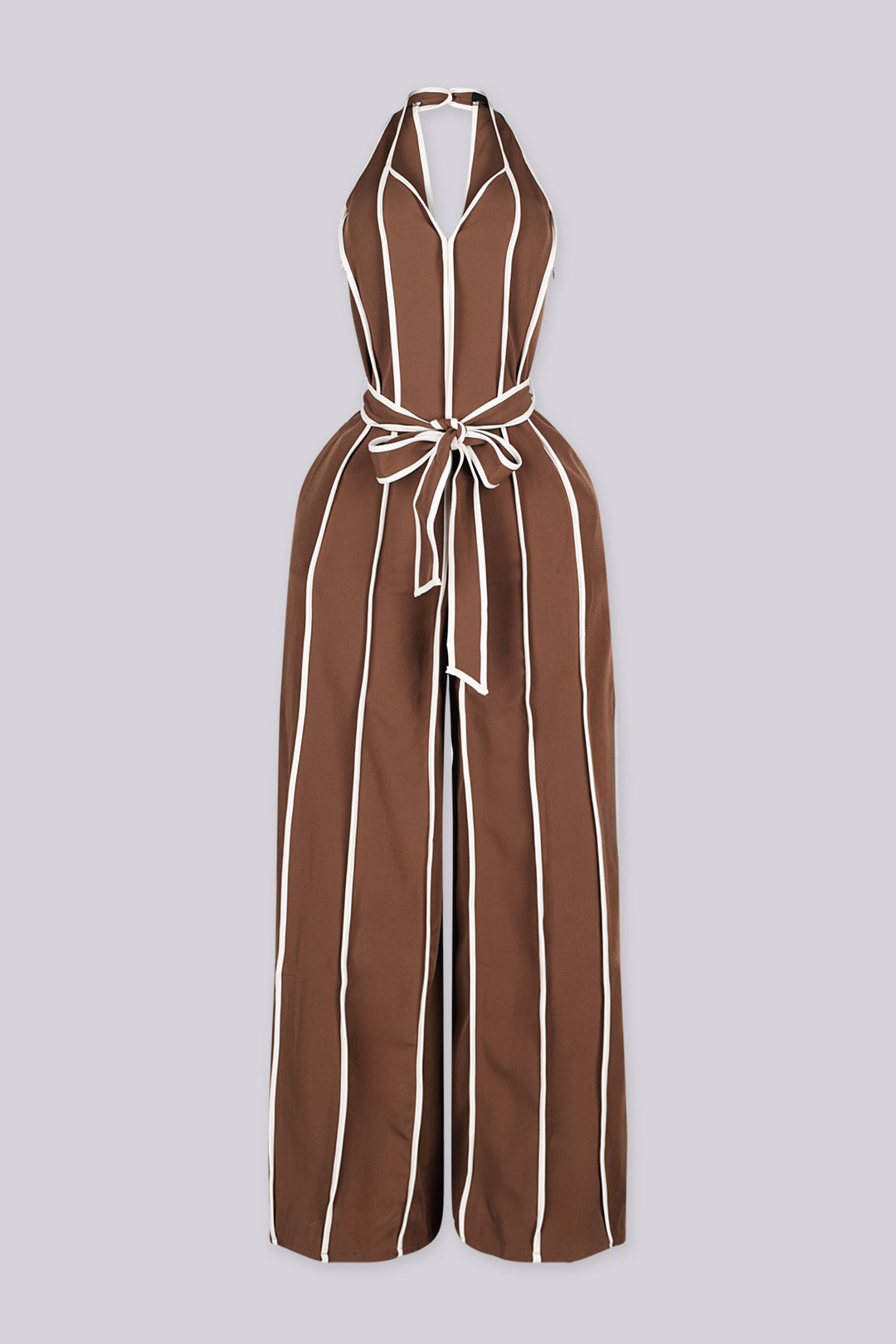 Wide leg halter jumpsuit with a plunging V neckline featuring waist tie