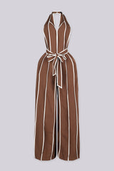 Wide leg halter jumpsuit with a plunging V neckline featuring waist tie