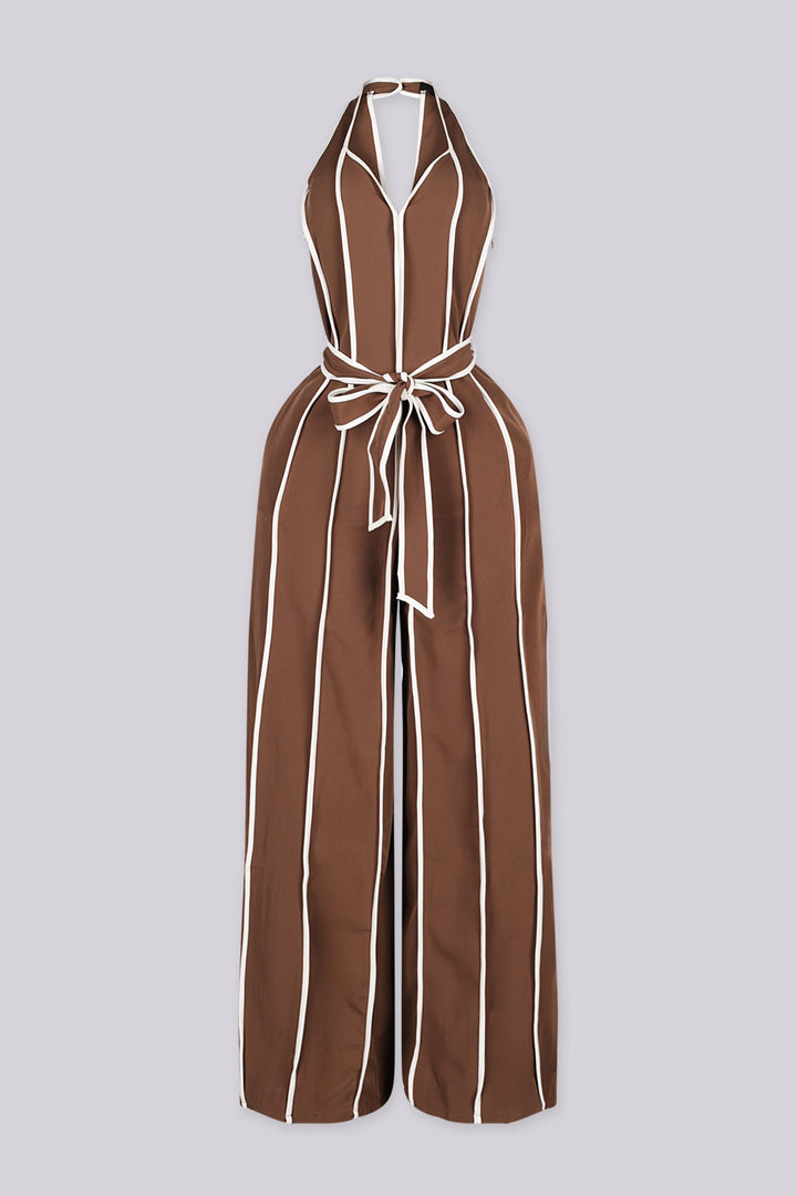 Wide leg halter jumpsuit with a plunging V neckline featuring waist tie