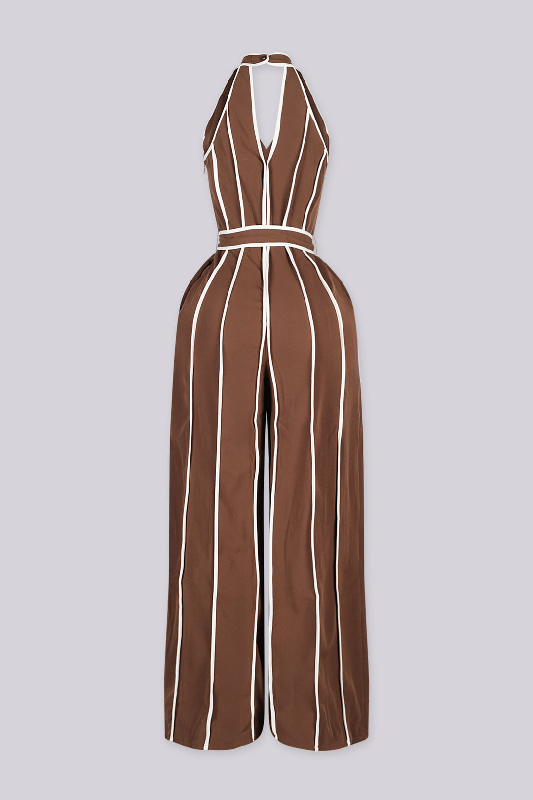 Wide leg halter jumpsuit with a plunging V neckline featuring waist tie